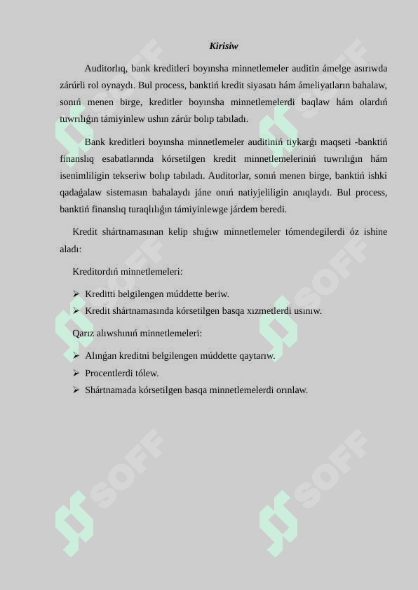 Bank kreditleri boyınsha májbúriyatlar auditi 2