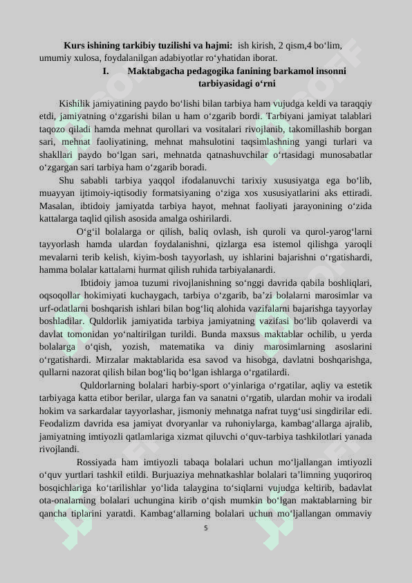 Maktabgacha pedagogika fanining barkamol insonni tarbiyasidagi o‘rni’’mavzusidagi kurs ishi 5