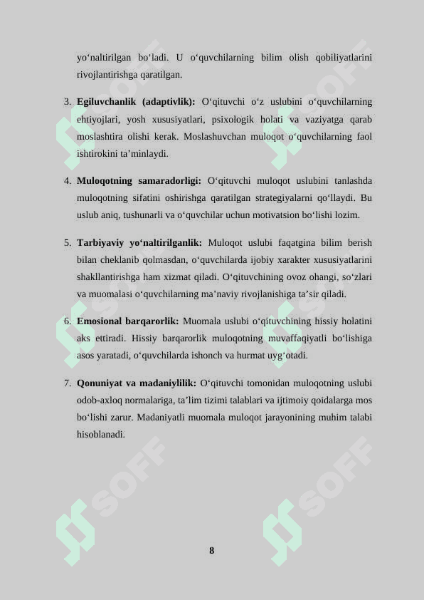 O‘qituvchi tomonidan muloqotga kirishish jarayonida qo‘llaniladigan muomala uslublari 8
