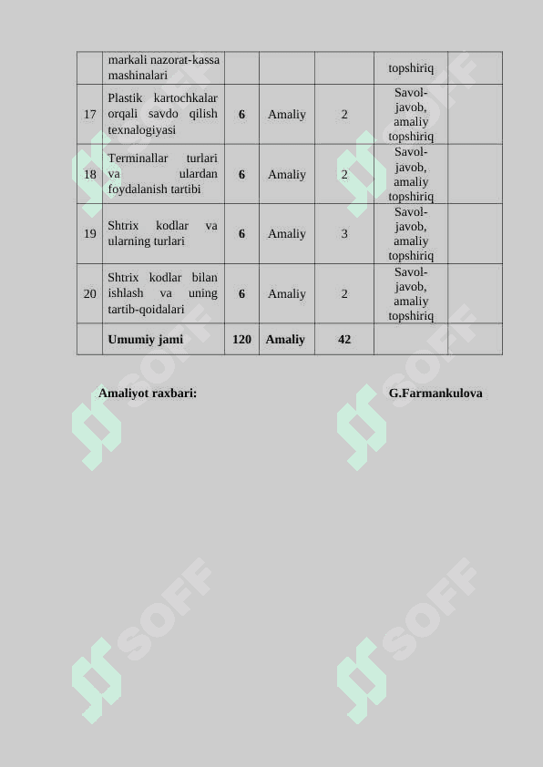 O'MT Kassa apparatlarida ishlash texnologiyasi  O’quv amaliyoti 8