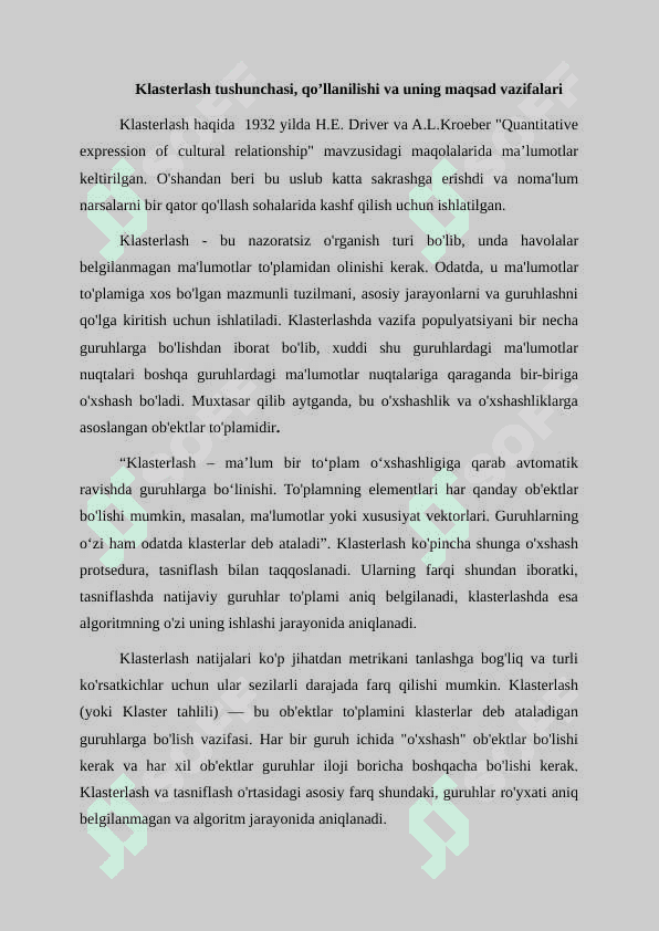 Klasterlashga asoslangan ilovalar. Klasterlash turlari: bo‘linadigan va ierarxik klasterlash 3