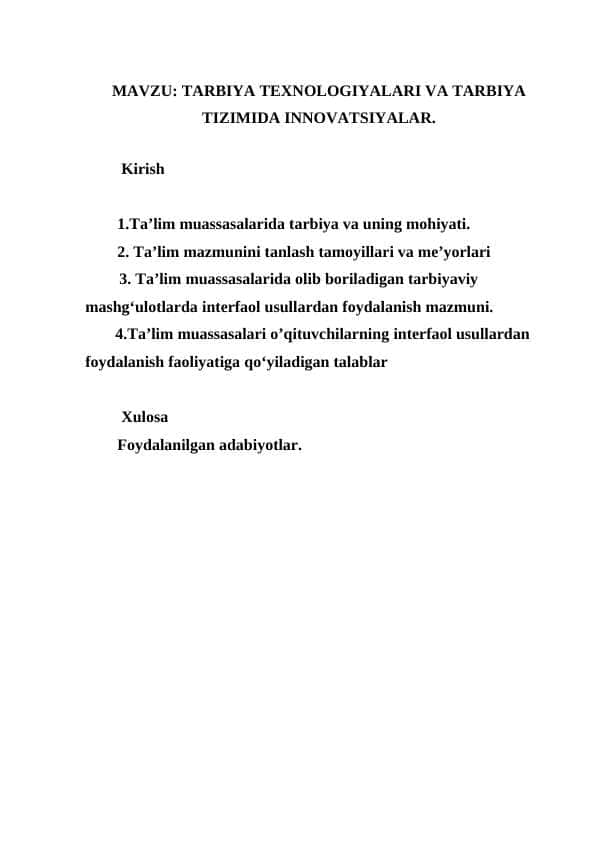 TARBIYA TEXNOLOGIYALARI VA TARBIYA TIZIMIDA INNOVATSIYALAR.doc
