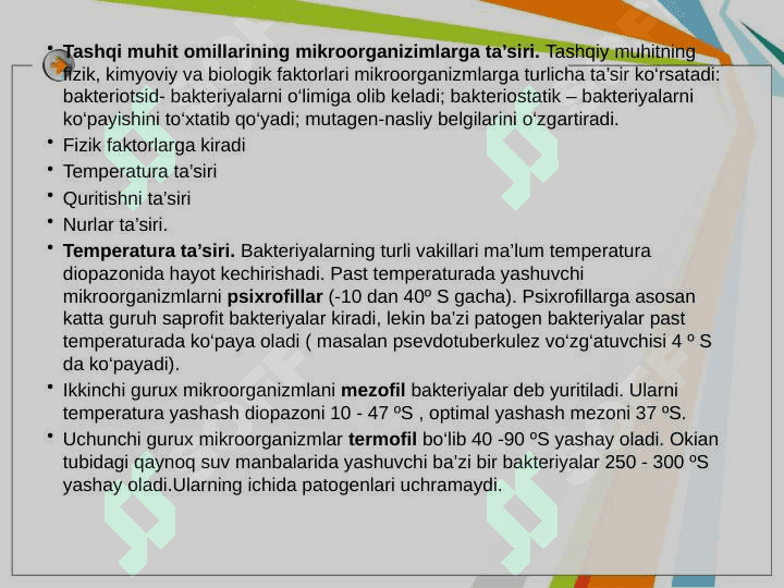 Mikroorganizmlarga tashqi muxit omillarining ta’siri va uni o‘rganish 3