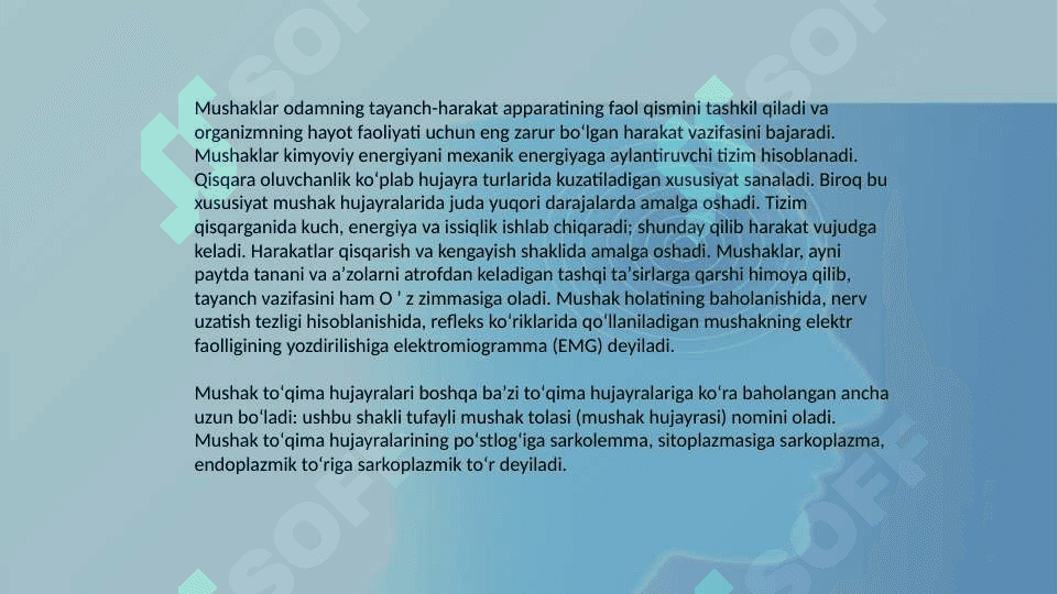 Сhaynash mushaklarining kuchi va ishi.Fiziologik elektroton xodisasi 6