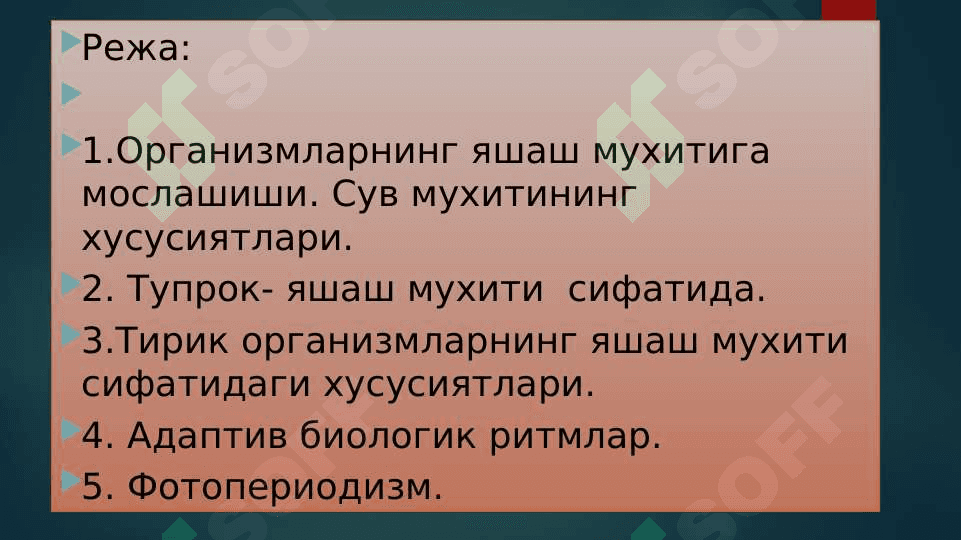 Яшаш мухитининг асосий типлари. Адаптив биологик ритмлар 2