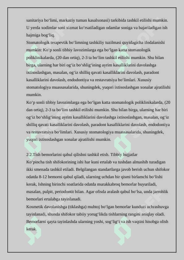Stomatologiya klinikasi,uning turlari,kategoriyalari.Tibbiy xodimlarni kadrlar bilan taminlash standartlari va funksional majburiyatlari.Tish klinikasini hujjatlari 4
