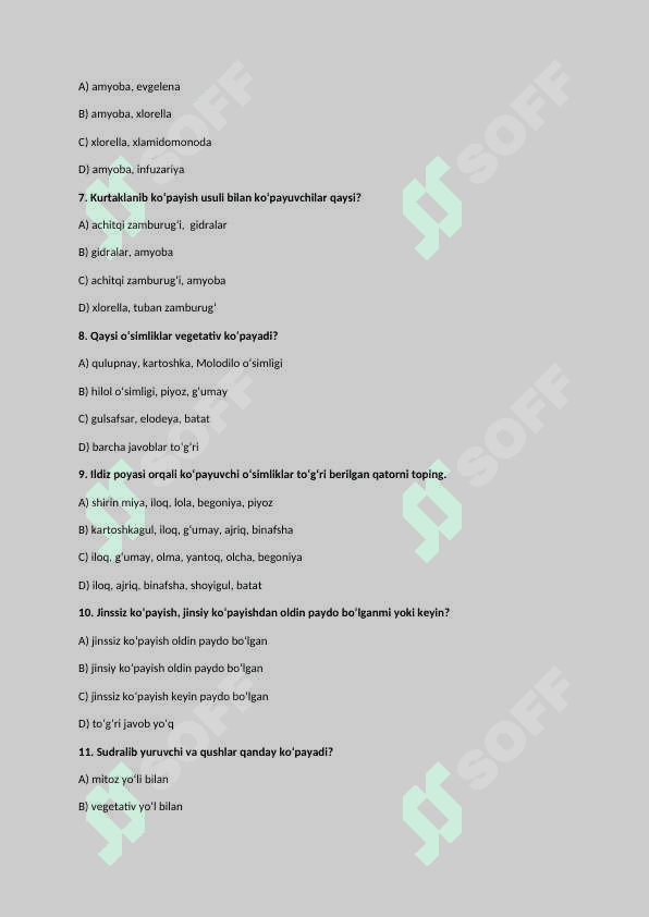 9-sinf Biologiya fanidan mavzulastirilgan test 2