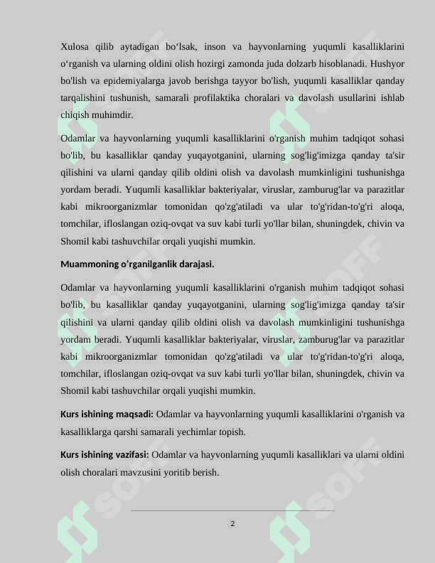 Odamlar va hayvonlarning yuqumli kasalliklar kurs ishi 2