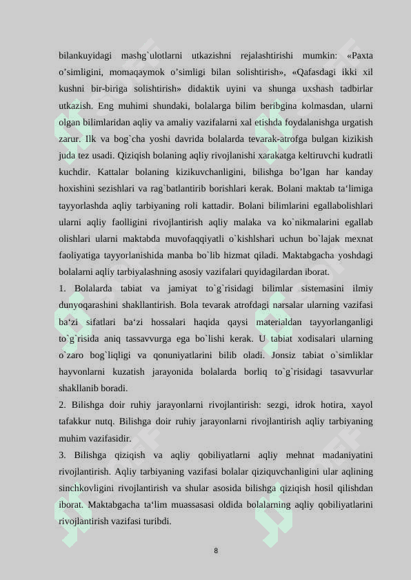 MAKTABGACHA TA’LIM MUASSASALARIDA TAYYORLOV GURUHI BOLALARNING AQLIY RIVOJLANISHIDA PSIXOLOGIK TRENINGLARDAN FOYDALANISH 8