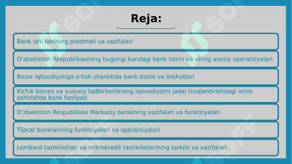 Bank ishi fanining predmeti va vazifalari. O’zbekiston Respublikasi bank tizimi va boshqa kredit muassasalari 2