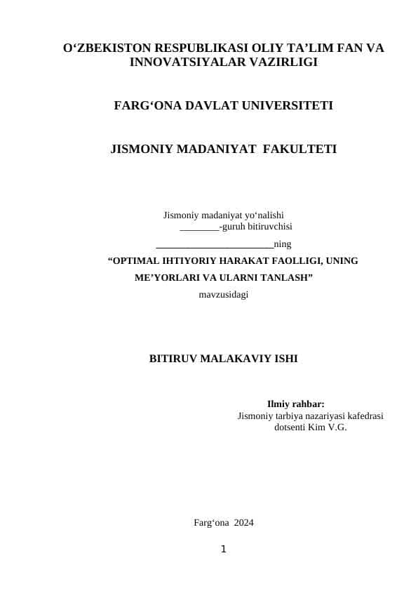 OPTIMAL IHTIYORIY HARAKAT FAOLLIGI, UNING ME’YORLARI VA ULARNI TANLASH BITIRUV MALAKAVIY ISH bmi