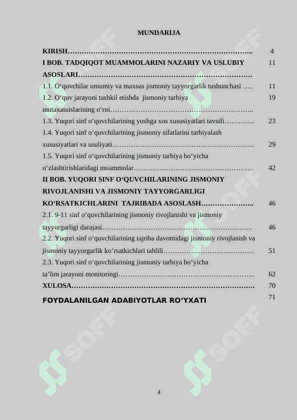 Yuqori sinf o'quvchilarining jismoniy tarbiya tayyorgarligi va jismoniy rivojlanganligi bitiruv malakaviy ish BMI 4