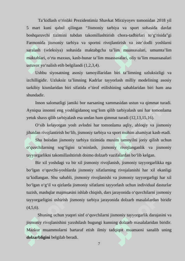 Yuqori sinf o'quvchilarining jismoniy tarbiya tayyorgarligi va jismoniy rivojlanganligi bitiruv malakaviy ish BMI 7