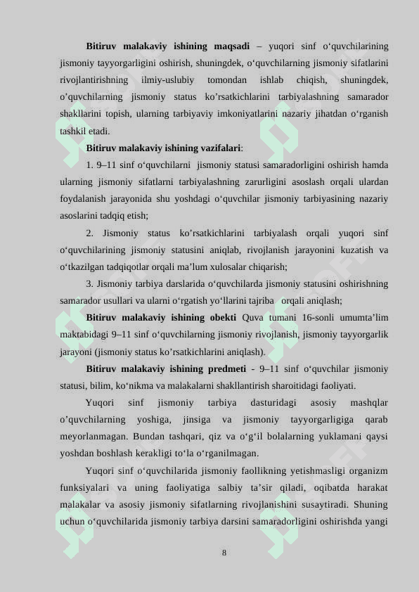 Yuqori sinf o'quvchilarining jismoniy tarbiya tayyorgarligi va jismoniy rivojlanganligi bitiruv malakaviy ish BMI 8