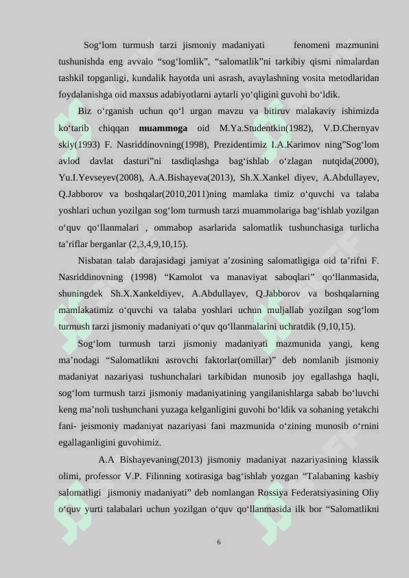 MAKTAB O‘QUVCHILARIDA JISMONIY TARBIYA JARAYONI SOG‘LOM TURMUSH TARZINI SHAKLLANTIRISH BITIRUV MALAKAVIY ISH BMI 6