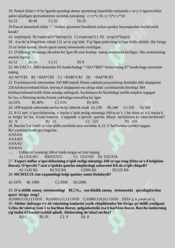 Informatika va Axborot texnologiyalari fanidan test 2