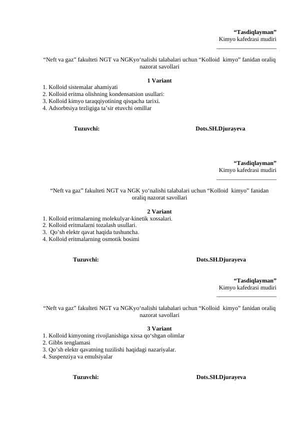 Kolloid  kimyo fanidan test javoblari