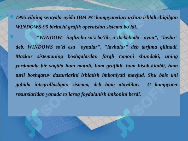 OPERATSION TIZIMLAR VA KOMPYUTER TURLARI 8