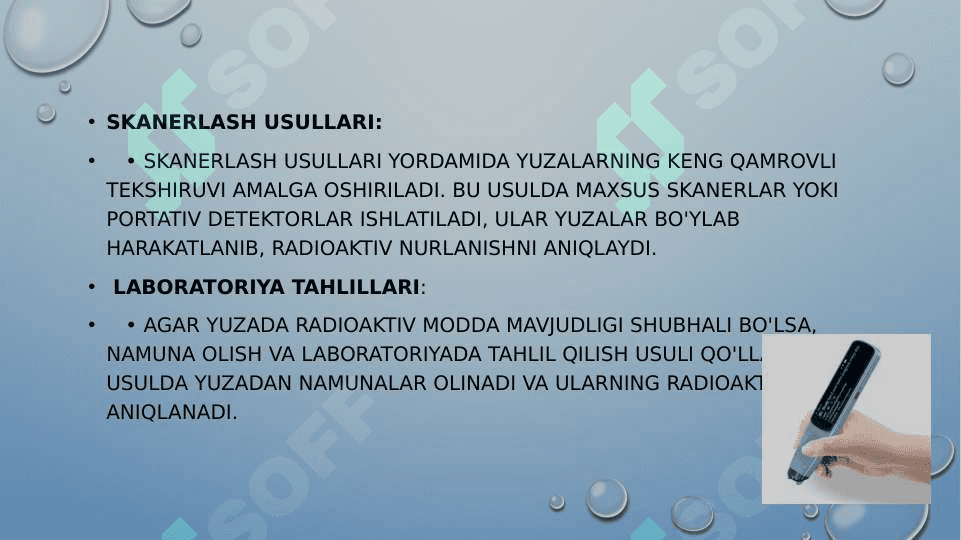Ishchi yuzalarni radioaktiv moddalar bilan ifloslanganligini tekshirish usullari. Ishchi yuzalarni dezaktivatsiya qilish usullari 4