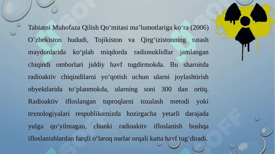 Ishchi yuzalarni radioaktiv moddalar bilan ifloslanganligini tekshirish usullari. Ishchi yuzalarni dezaktivatsiya qilish usullari 6