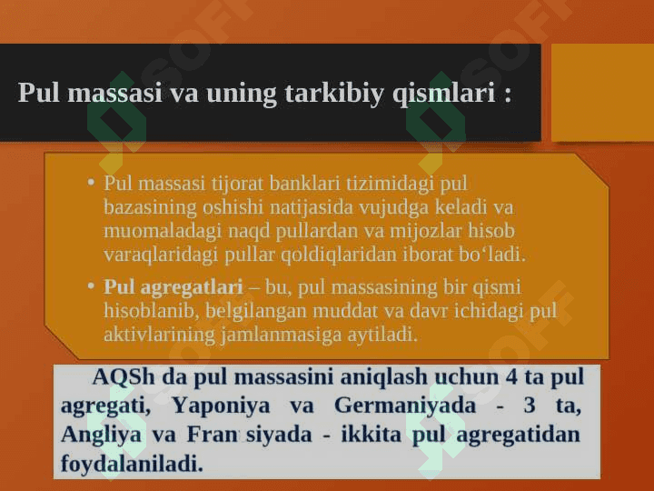 PUL MASSASI, AGREGATLARI, AYLANISHI VA TARKIBI haqida 17 betdan iborat taqdimot(prezentatsiya) 3