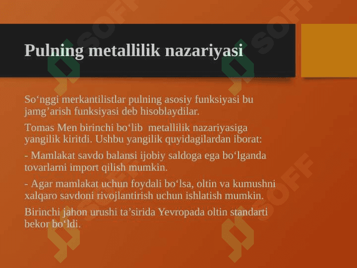 PULNING NAZARIYALARI(metallilik nazariyasi, nominallik nazariyasi, miqdoriylik nazariyasi, Zamonaviy monetarizm nazariyasi) haqida 14 betdan iborat taqdimot(prezentatsiya) 3