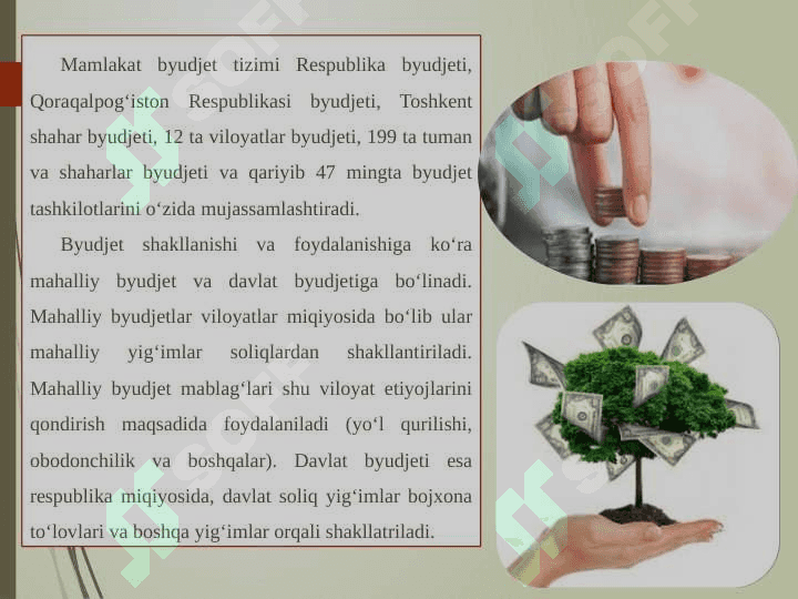 Byudjet – soliq sektorining tarkibiy tuzilishi va ular o‘rtasidagi o‘zaro bog‘liqlik. 6