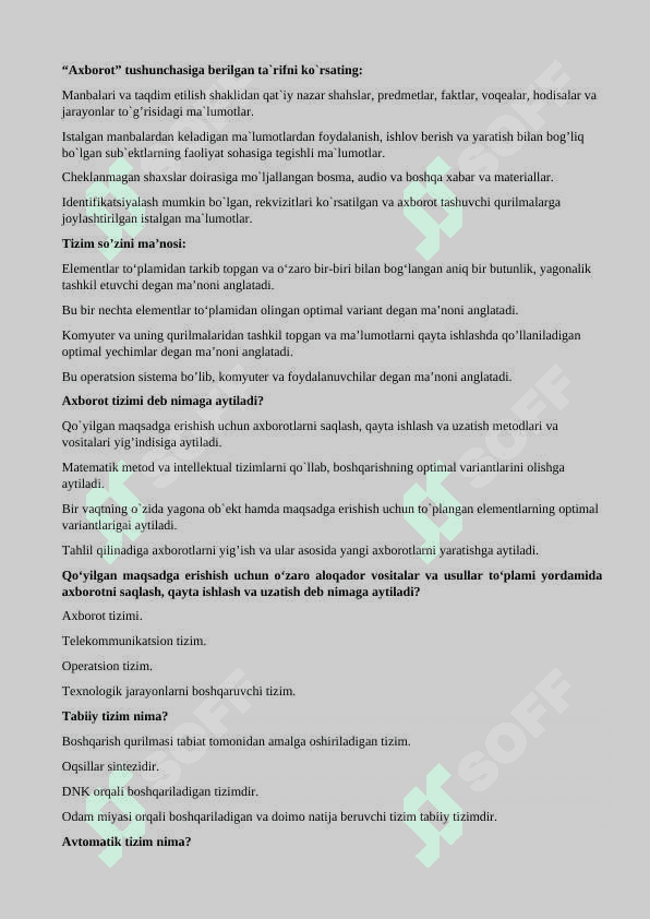 Informatika axborot texnologiyalaridan yakuniy uchun test talabalar uchun 2