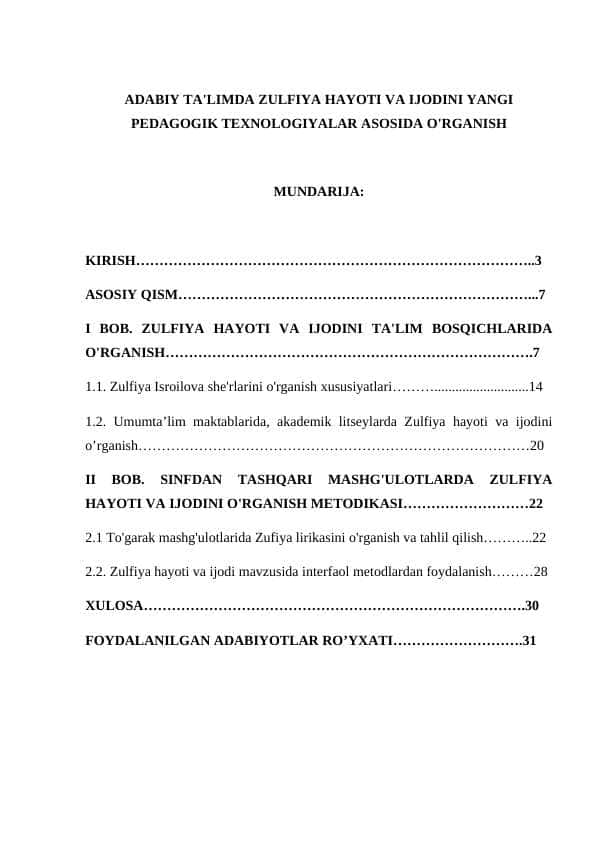 ADABIY TA'LIMDA ZULFIYA HAYOTI VA IJODINI o'rganish kurs ishi 1