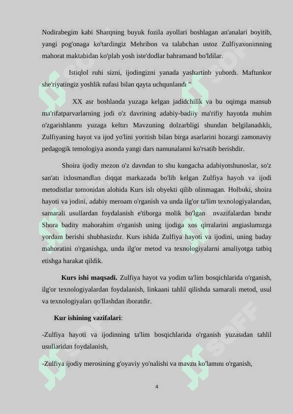 ADABIY TA'LIMDA ZULFIYA HAYOTI VA IJODINI o'rganish kurs ishi 4