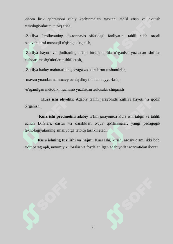 ADABIY TA'LIMDA ZULFIYA HAYOTI VA IJODINI o'rganish kurs ishi 5