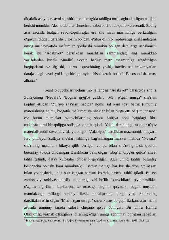 ADABIY TA'LIMDA ZULFIYA HAYOTI VA IJODINI o'rganish kurs ishi 7