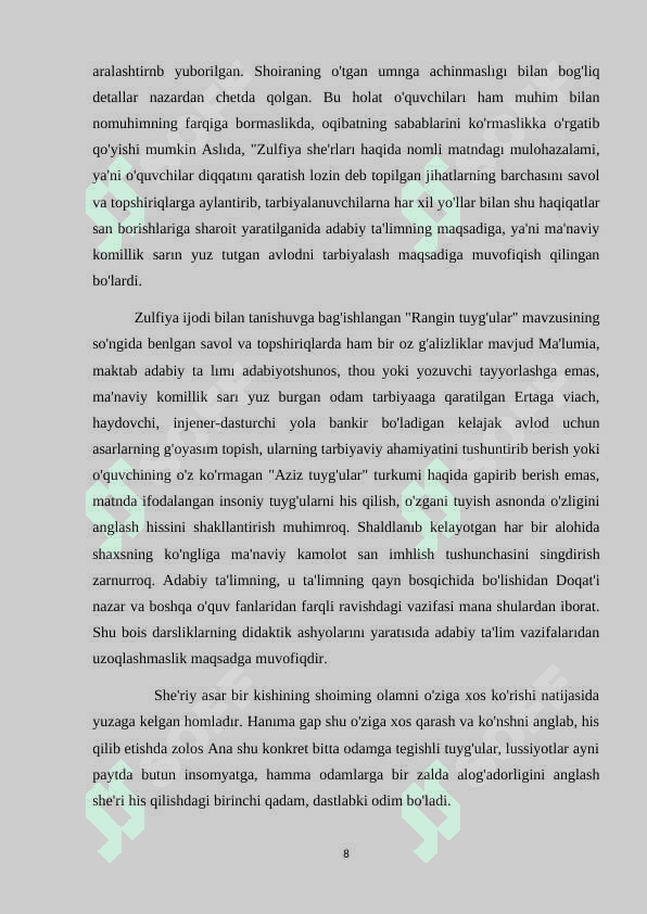 ADABIY TA'LIMDA ZULFIYA HAYOTI VA IJODINI o'rganish kurs ishi 8