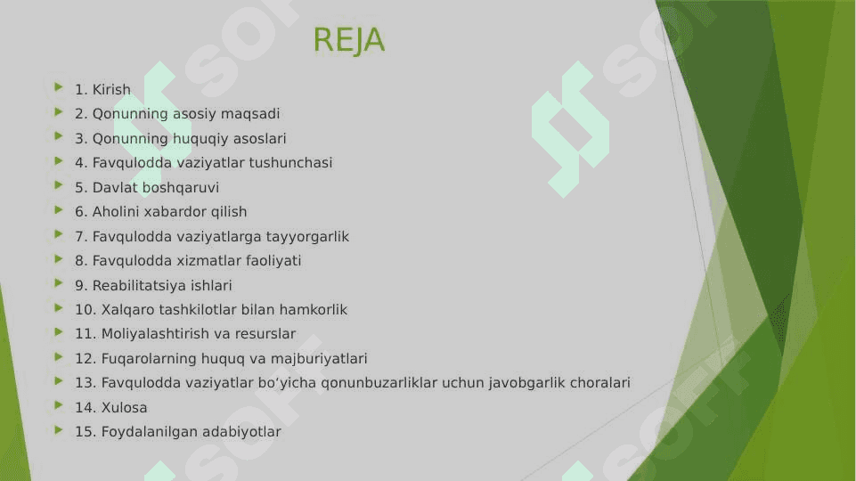 “Aholini va hududlarni tabiiy hamda texnogen xususiyatli favqulodda vaziyatlardan muhofaza qilish to‘g‘risida”gi qonun bandlarini o‘rganish. 2