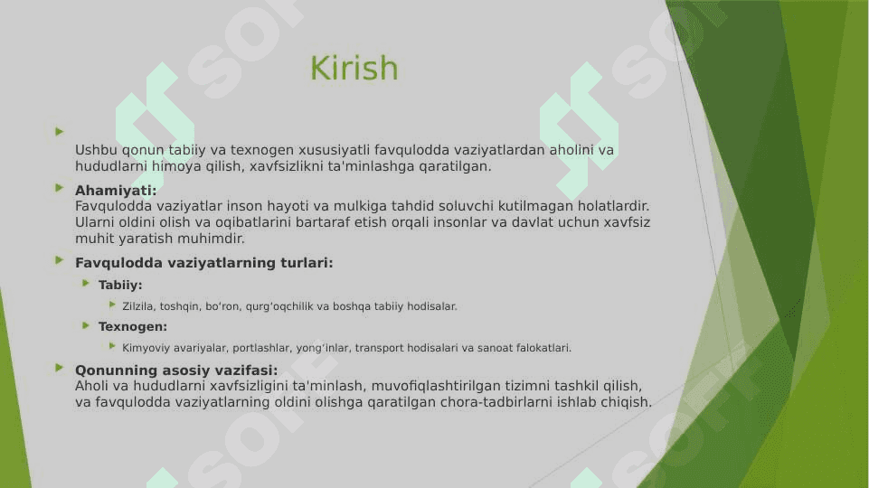 “Aholini va hududlarni tabiiy hamda texnogen xususiyatli favqulodda vaziyatlardan muhofaza qilish to‘g‘risida”gi qonun bandlarini o‘rganish. 3