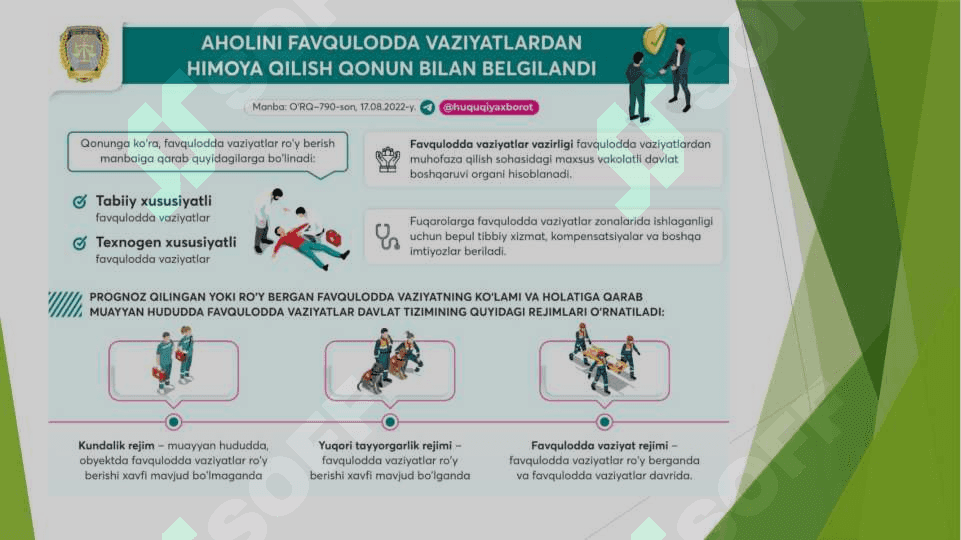 “Aholini va hududlarni tabiiy hamda texnogen xususiyatli favqulodda vaziyatlardan muhofaza qilish to‘g‘risida”gi qonun bandlarini o‘rganish. 5