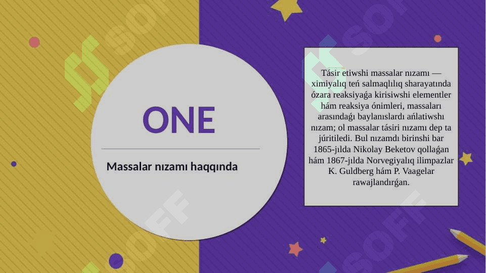 Massalar tàsiri nızamı sapa analiziniń tiykarı. Bul nizamdı elektrolitik dissotsiyalanıw processine qollanılıwı. Ionlanıw dàrejesi hàm kontantası arasındağı baylanıstı anıqlawshı teńlemeni keltirip shığarıw 3