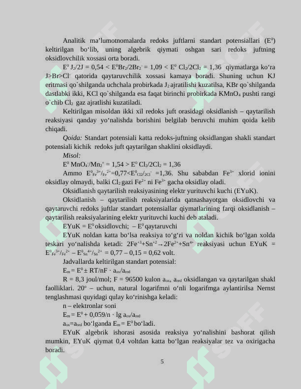 OKSIDLANISH – QAYTARILISH REAKSIYALARIDA ISHLATILADIGAN INDIKATORLAR VA INDIKATOR XATOLIKLARINI ANIQLASH 5