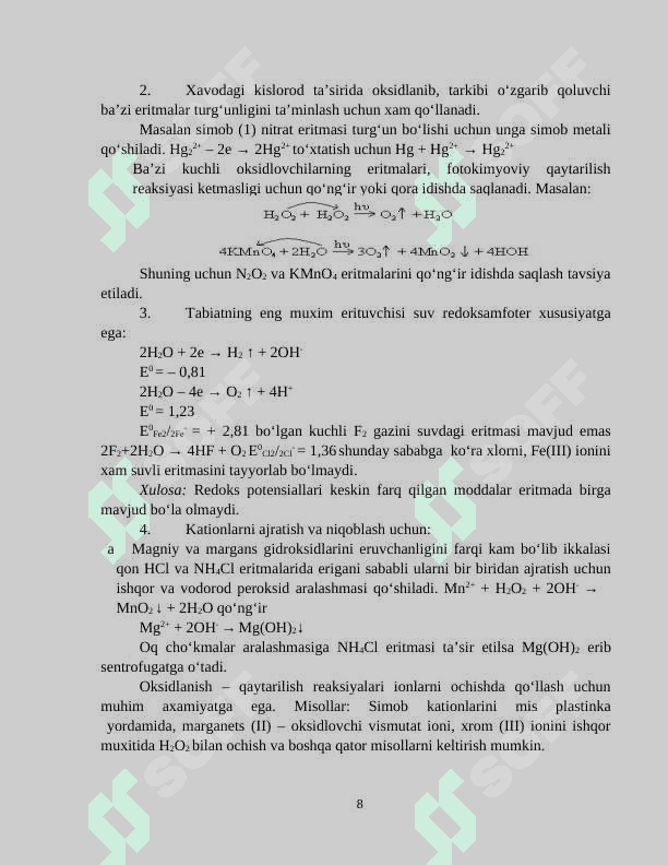 OKSIDLANISH – QAYTARILISH REAKSIYALARIDA ISHLATILADIGAN INDIKATORLAR VA INDIKATOR XATOLIKLARINI ANIQLASH 8