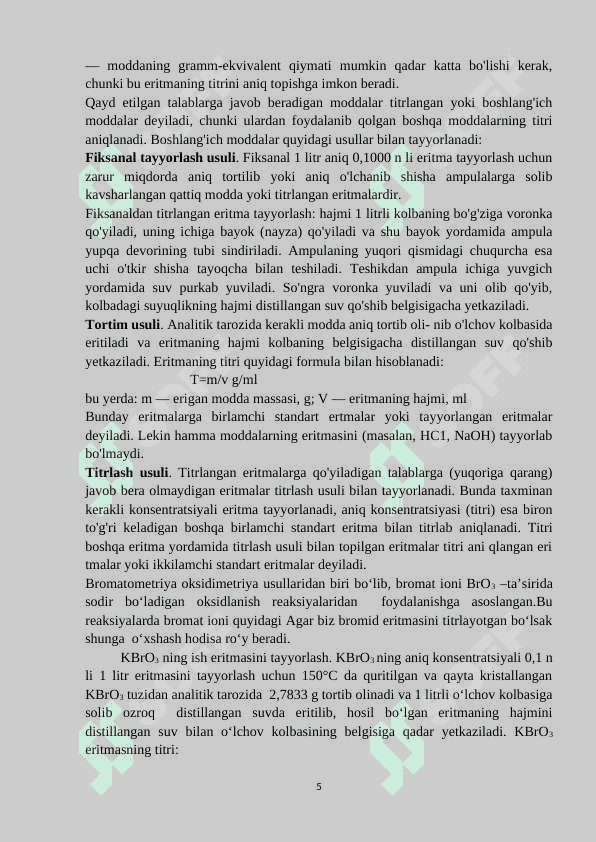 Bromatometriya,xloryodometriya,nitriometriya usullarini qo’llanishi 5