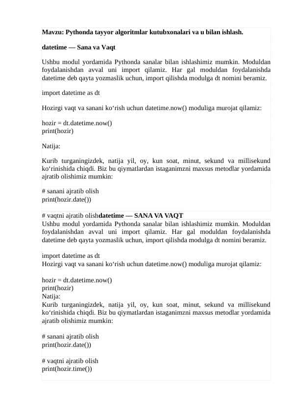 Pythonda tayyor algoritmlar kutubxonalari va u bilan ishlash