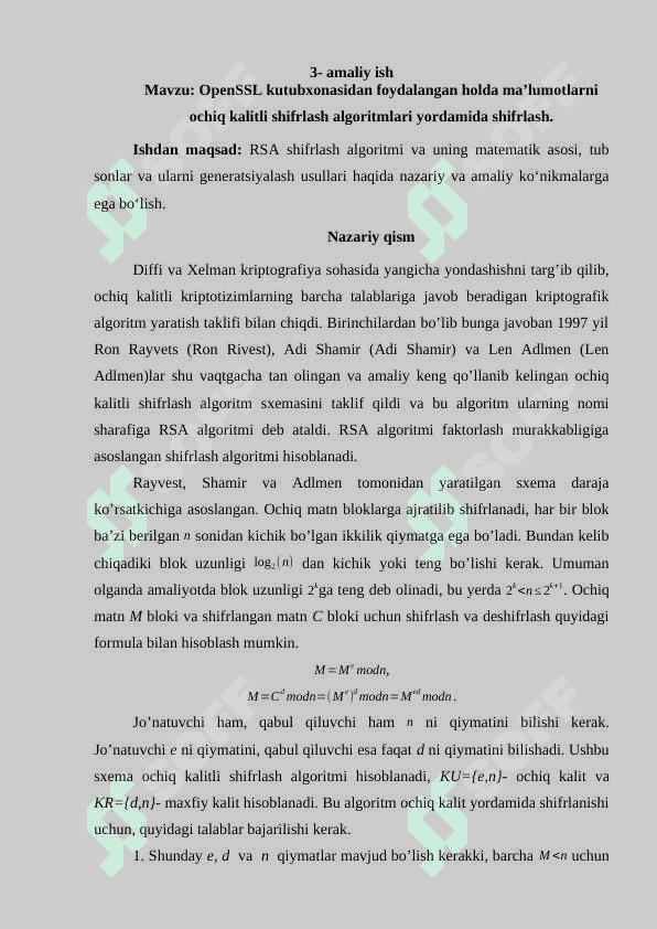 OpenSSL kutubxonasidan foydalangan holda ma’lumotlarni ochiq kalitli shifrlash algoritmlari yordamida shifrlash 2