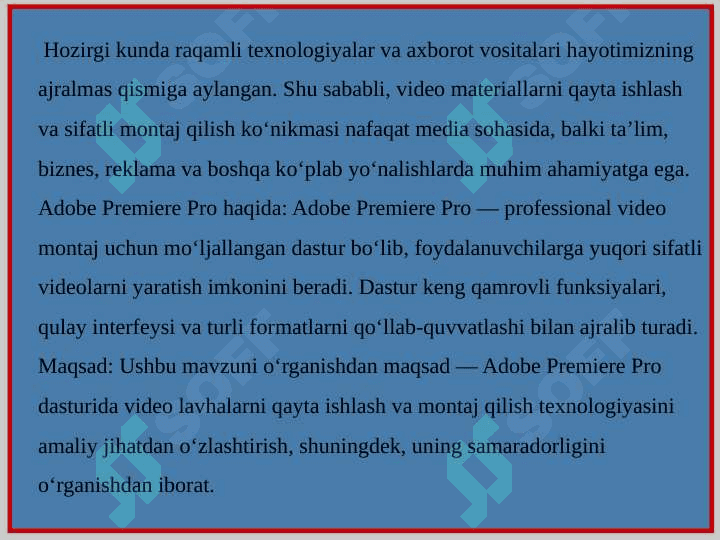 Adobe Primer dasturida video lavhalarni montaj qilish texnologiyasi 3