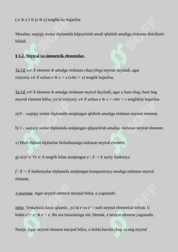 Binar algebraik amallar turlari xossalari. Yarim guruppalar 7
