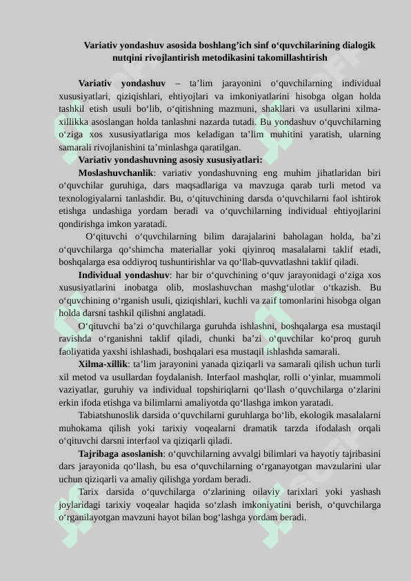 Variativ yondashuv asosida boshlang’ich sinf o‘quvchilarining dialogik nutqini rivojlantirish metodikasini takomillashtirish (Вариатив ёндашув асосида бошланғич синф ўқувчиларининг диалогик нутқини ривожлантириш методикасини такомиллаштириш) 3