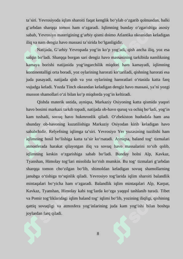 «Yevrosiyo materigi iqlimi va iqlim mitaqalarining tarkib topishi” 8