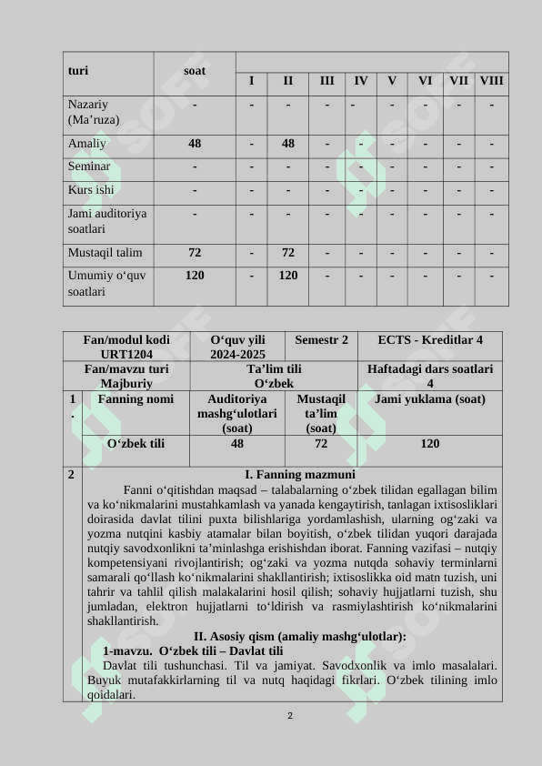 O‘ZBEK TILI FANIDAN O‘QUV DASTURI 2