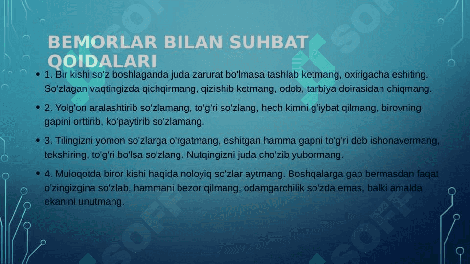Maslahat turlari,qoidalari, maslahat berish kònikmalari,asosiy prinsp va qoidalari.Maslahat berish jarayonidagi kommunikatsion tòsiqlar 5