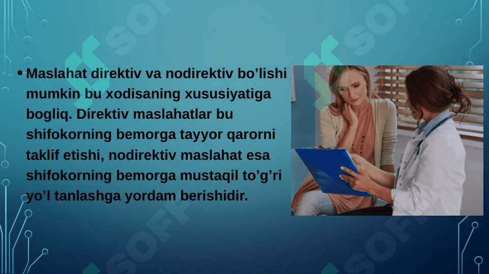 Maslahat turlari,qoidalari, maslahat berish kònikmalari,asosiy prinsp va qoidalari.Maslahat berish jarayonidagi kommunikatsion tòsiqlar 6