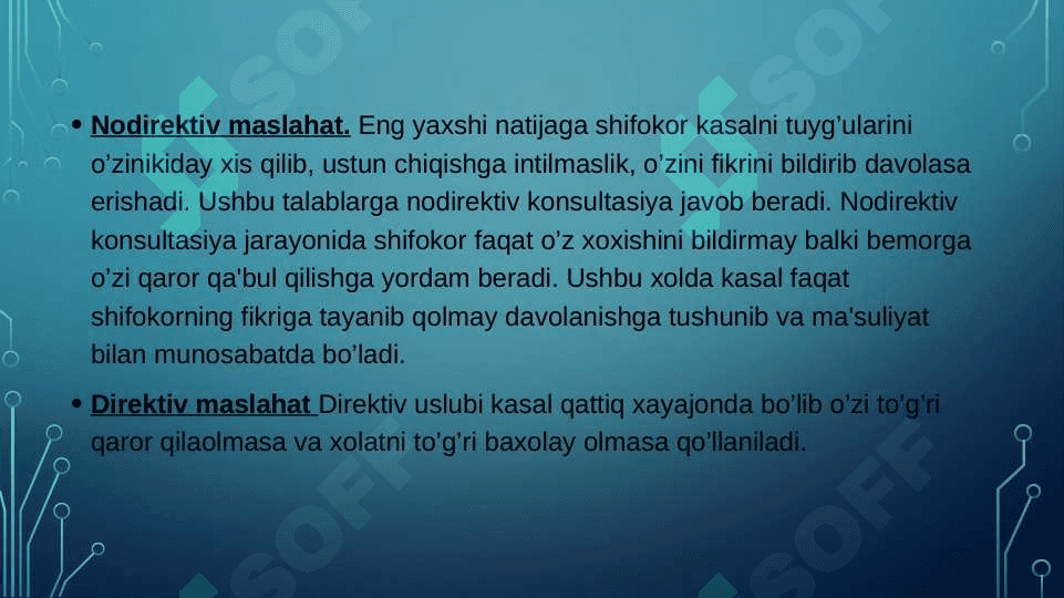 Maslahat turlari,qoidalari, maslahat berish kònikmalari,asosiy prinsp va qoidalari.Maslahat berish jarayonidagi kommunikatsion tòsiqlar 7